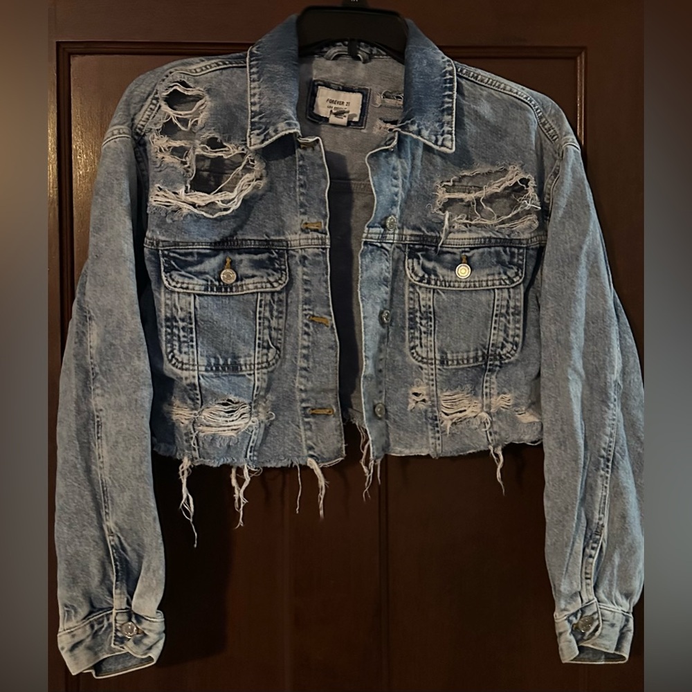 Cropped Forever 21 Light Blue Distressed Jean Jacket